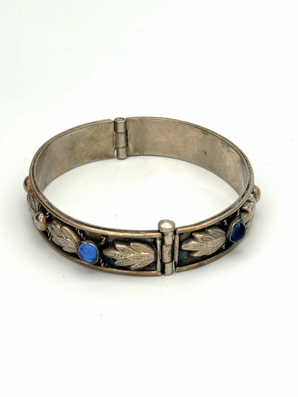 Vintage ALP Italy Silver-Tone Leaf Bangle Bracelet with Blue Cabochons
